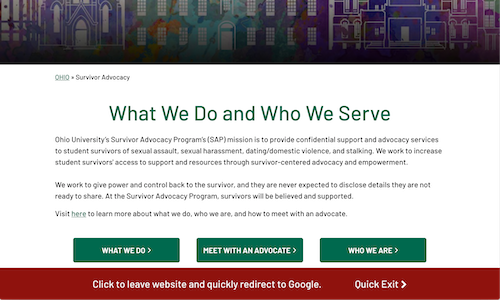 Screenshot of Ohio University Survivor Advocacy Program's webpage